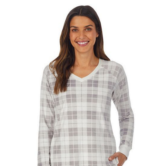 Cuddl Duds Velour Pajama Lounge Set Top & Pants Soft White Gray Plaid Pockets L - Picture 2 of 6